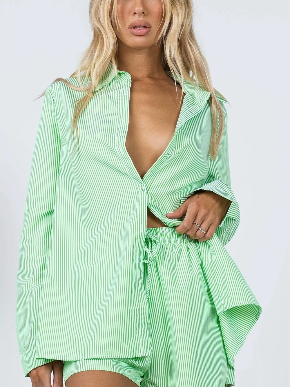 Princess Polly Light Green and White Pinstripe Button-Up Shirt and Short Set